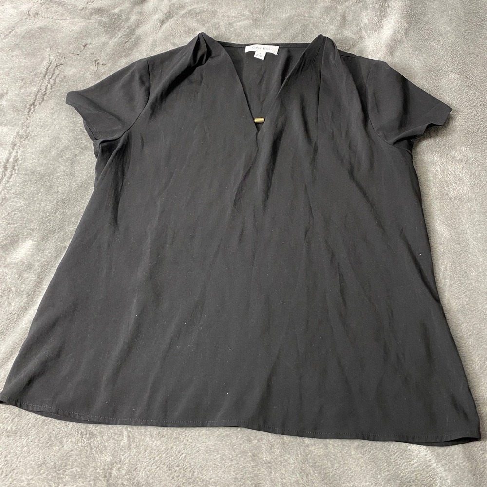 Calvin Klein Blouse Womens Small Black V-Neck Gold Hardware Short Sleeve Top